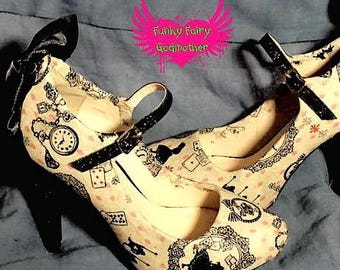 Alice in wonderland inspired fabric covered high heels
