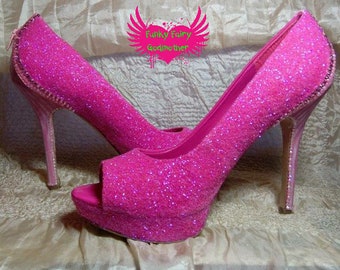 pink glitter shoes with zip detail heels