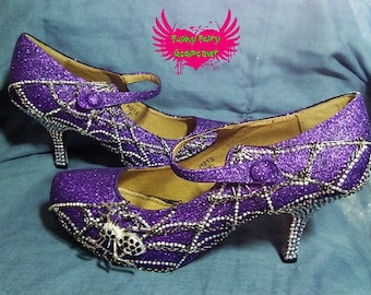 women's purple glitter shoes with silver spider and web