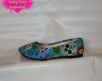 women's flat ballet style pumps with a blue  sugar skull cotton fabric