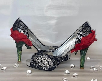 black and silver lace shoes with beauty and the beast style rose heel