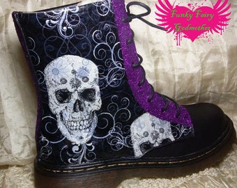 Swirly skull boots, flat boots, customised boots, dm style boots, black boots, women's boots, flat women's boots, funky boots, Gothic boots