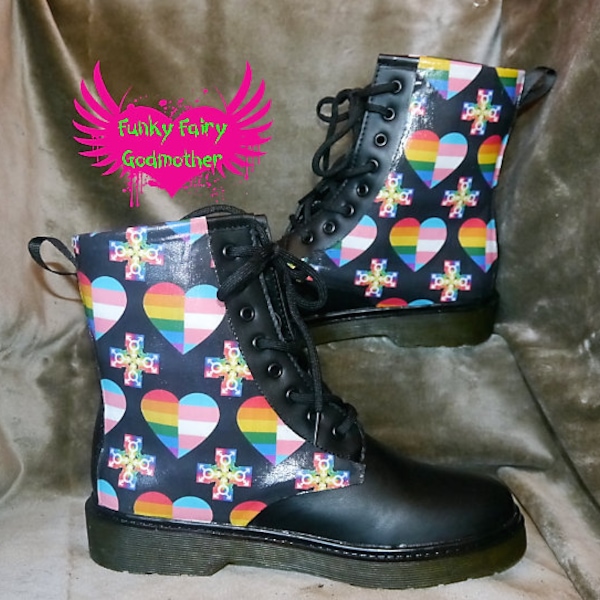 unisex boots, lgbtq boots, custom fabric, fabric boots, dm boots ,rainbow hearts, rainbow fabric, customised boots, black boots, LGBTQ pride