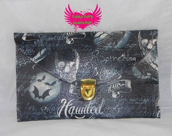 wallet style bag, gothic print, customised fabric bag