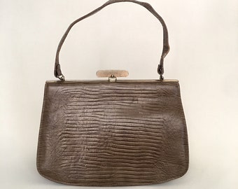 Vintage Faux leather Lizard Purse, Vintage Hand Bag, Great gift for her! Gold clasp and Brown lizard - YUM!  Made by Krell's