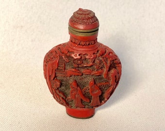 Cinnabar Snuff Bottle, Antique Chinese Lacquer, Hand-Crafted with Carved Stopper, Cinnabar Bottle Collectibles, holiday gift!