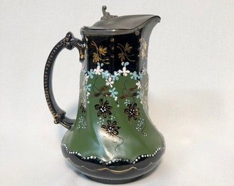 REDUCED, Antique Pewter Top Pitcher, Antique tankard, hand painted. Beautiful piece!