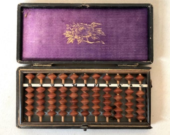 Antique Abacus in gorgeous box with purple velvet interior, gift for math graduate, Oddities, Curio Cabinet, Math counting tool, math gift!