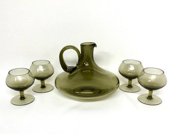 Mid Century grey/brown/green Decanter and four glasses, MCM heaven, MCM Barware, Mad Men, Vintage Bar, Bar Decor, this set is PERFECTION!