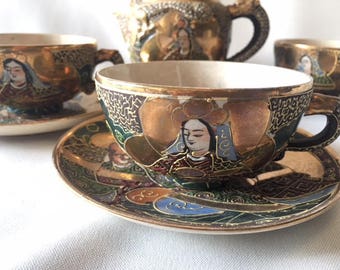 Vintage Satsuma Teacups + Pitcher, Embossed with Heavy Moriage Decoration, Hand Decorated, lots of gold, great gift for her, romantic gift
