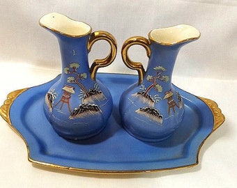 Hinode Japan, Moriage Ewer pitchers with tray, very RARE, Variant, vibrant Gaudy Blue Willow - FLAWLESS CONDITION!  Antique, Set of 2!