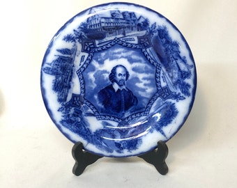 Shakespeare flow blue collectible plate from Wood & Sons England circa 1900, gorgeous antique addition to wall plate display!  Housewarming