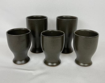 Mid-Century handmade mugs by Archeon, dark brown/black with green highlights, no handles, sleek + modern, modern home decor heaven, MCM