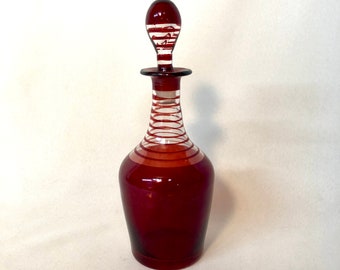 Czech Red Glass Decanter, Hand Painted glass, alchohol, water or decorative, Super cool stopper!  Great Housewarming gift!