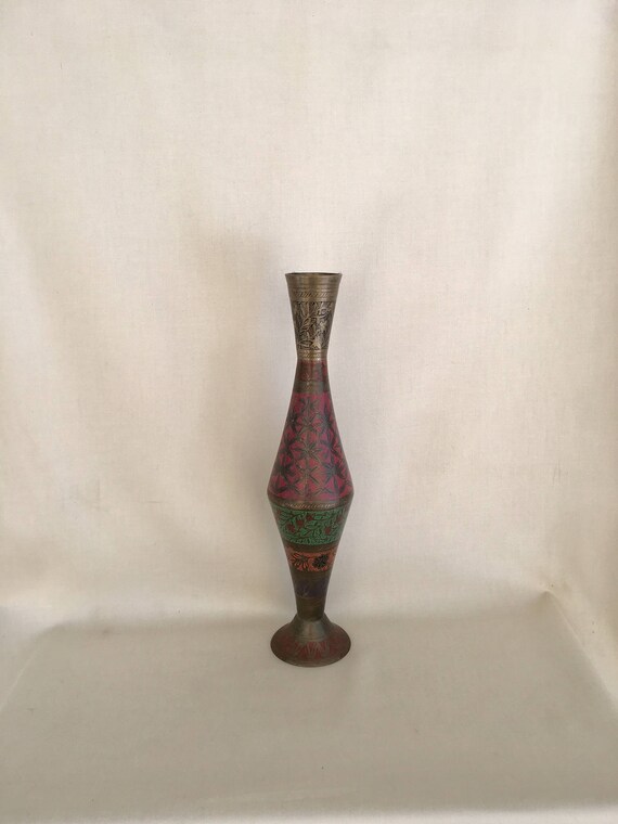 Indian Brass Vase Vintage 1960s Painted Vase Tall Painted Etsy