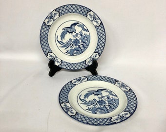 Vintage WOOD & SONS YUAN Birds Blue and White dessert plate, backstamp number 656368, Rare English plates 1900-1913