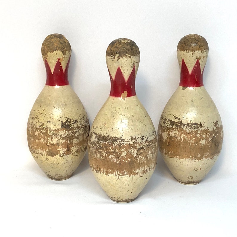 Wood Antique Bowling Pins King Brunswick Red Crown Duck Pin Etsy