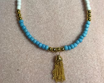 ANKLE BRACELET, Gold Tassel Anklet, Blue & white beaded Ankle Bracelet