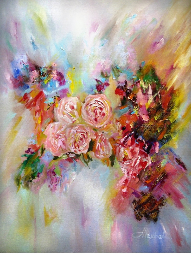 Pink flower rose wall art painting original gift idea room decor rose original painting wall art print pink flower art gift idea op501