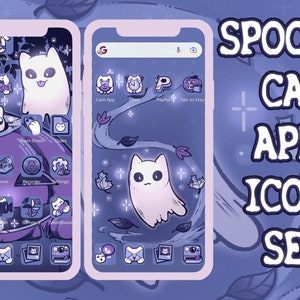 Spooky Season Halloween Ghost Cat Phone App Icon Set / Halloween Fall Aesthetic / For IOS & Android