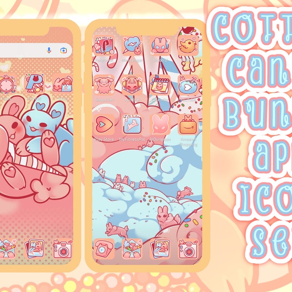 Cotton Candy Ice Cream Pink Blue Yellow Bunny Rabbit App Icon Set / Candy Spring Pastel Aesthetic / For IOS & Android