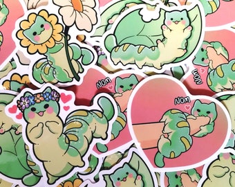 Cat Caterpillar Waterproof Vinyl Stickers Pack of 4 Cute Stickers, Cute Cat, Caterpillar, Pun Sticker, bloomcore, fantasy, fairycore