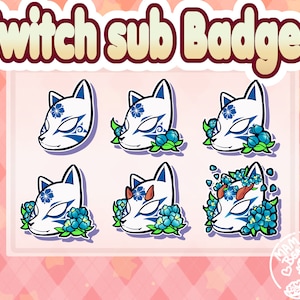 Blue Kitsune Mask Twitch Badges with Flowers (Digital Download)