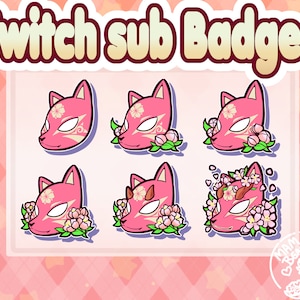 Cream Pink Kitsune Mask Twitch Badges with Flowers (Digital Download)