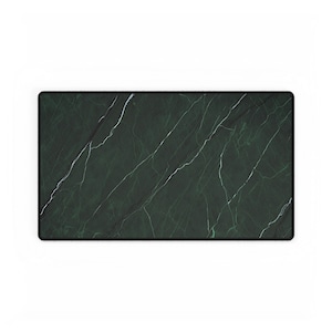 May include: A rectangular desk mat with a dark green marble design and white veining. The mat has a black border and is designed to protect a desk surface.