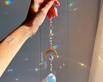 Gold plated, ethereal, rose quartz crystal, pink and gold moon rainbow prism ball