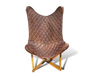 African Teak (Iroko) folding Butterfly chair style with padded leather cover. Tripolina chair with leather cover