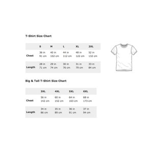 Peut inclure: Un tableau des tailles de t-shirts blanc avec des mesures en pouces et en centim&egrave;tres. Le tableau comprend les tailles S &agrave; 6XL, d&eacute;taillant les mesures de la poitrine et de la longueur. Une petite illustration d'un t-shirt est &eacute;galement pr&eacute;sente.