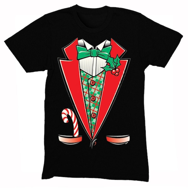 Men's Tuxedo Shirt Bowtie Candy Cane Holly Fancy Ugly Sweater Christmas Party Crewneck T-Shirt