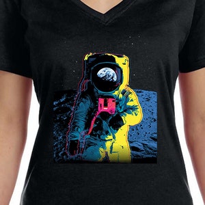 Women&#39;s Colorful Astronaut V-neck T-shirt, Space Neon Galaxy Cosmic Moon Shirt, Earth Rocket Ship Mars UFO