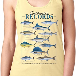 Women&#39;s Saltwater Records Tank Top, Barracuda King Mackerel Fishing Shirt, Swordfish Sailfish Nautical Fish