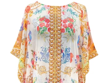 Women's Summer Poncho Top, Handmade Tunic Short Kaftan Beach Cover Up, Floral Boho Caftan Chiffon Blouse