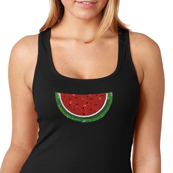 Women's Watermelon Fruit Vacation Summer Tropical Melon Beach Party Sparkle Gift Cute Sequin Sequined Rhinestone Racerback