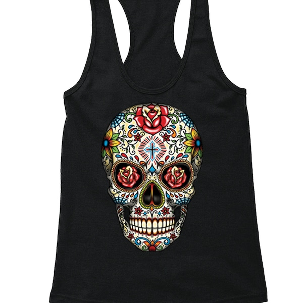 Women's Rose Eyes Tank Top, Sugar Skull Flower Day of Dead Shirt, Mexican Heritage Gothic Dia Los Muertos Tee