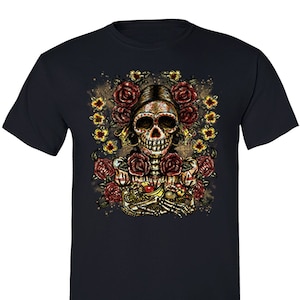 Hombre Esqueleto Mujer Flor Fruta Azúcar Calavera Día de los Muertos Día de los Muertos Herencia Mexicana Rosa Amor Camiseta Negro
