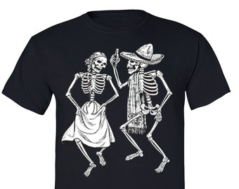 Men&#39;s 2 Dancing Skeletons Sugar Skull Day of the Dead Dia de los Muertos Mexican Heritage Halloween Gothic T-Shirt Black