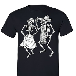 Hommes 2 Squelettes Dansants Sugar Skull Day of the Dead Dia de los Muertos Patrimoine Mexicain Halloween Gothic T-Shirt Noir