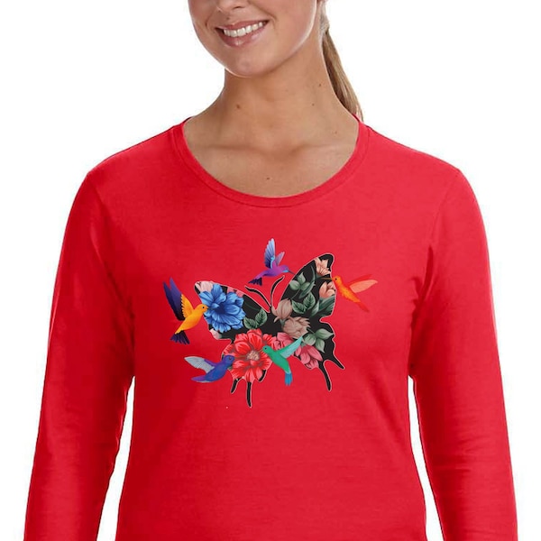 Women's Hummingbird Butterfly Wings Long Sleeve T-Shirt, Colorful Flowers Butterflies Shirt, Garden Nature Tee