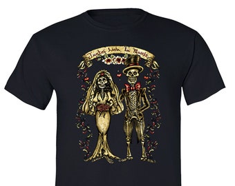 Men&#39;s Juntos Bride Groom Skeletons Sugar Skull Day of the Dead Dia de los Muertos Mexican Heritage Halloween T-Shirt Black