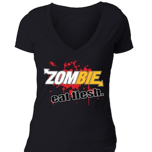 Women&#39;s Zombie Eat Flesh Tee Funny Custom Parody Comedy Fresh Blood Halloween Gift Women&#39;s V-Neck T-shirt