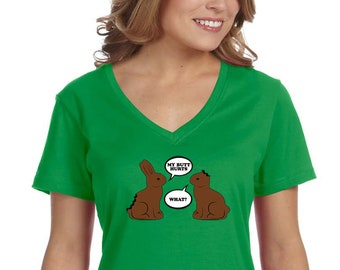 Women's Chocolate Bunnies Talking Funny Easter Holiday Bunny Rabbit Funny Egg Hunt Spring Gift V-Neck Shirt