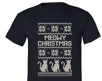 Christmas Shirt Mens Print Tshirt, Meowy Christmas Happy Holiday T Shirt, Ugly Xmas Sweaters Shirt, Cute Xmas Shirt, Happy Holiday Gifts