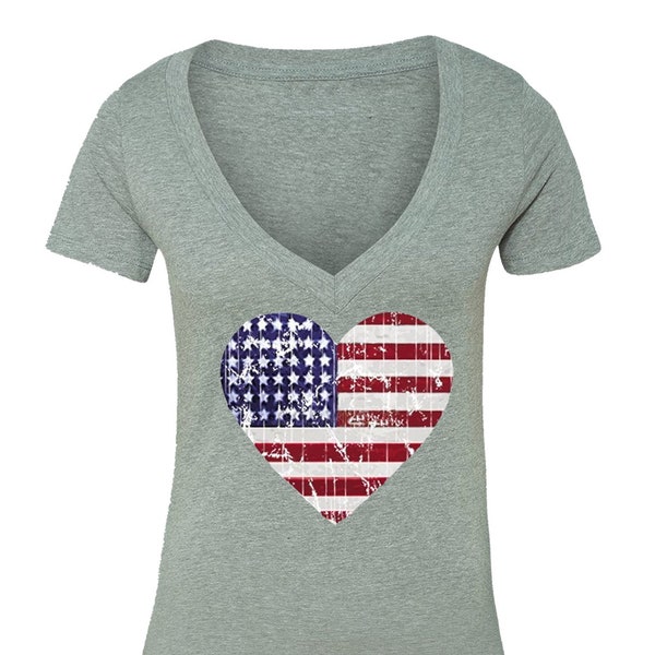 Women's American Flag Distressed Heart 4th of July Tee Clothing USA Pride Gift Women's V-Neck T-shirt