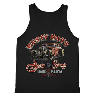 Men&#39;s Rusty Nuts Auto Shop Classic Car Garage Motorcycle Route 66 Biker Mechanic Dad&#39;s Day Gift Pinup Tanktop Tank T-shirt