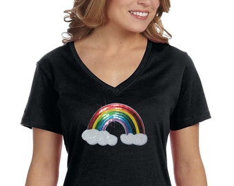 Women's Rainbow Clouds Pride Gift Sparkle Sequin Sequined V-Neck T-Shirt