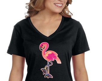 Women's Flamingo Vacation Tropical  Bird Zoo Pink Sparkle Gift Sequin Sequined V-Neck T-Shirt